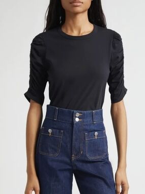 Veronica Beard Waldorf Ruched Sleeve T-Shirt Black Sz XS